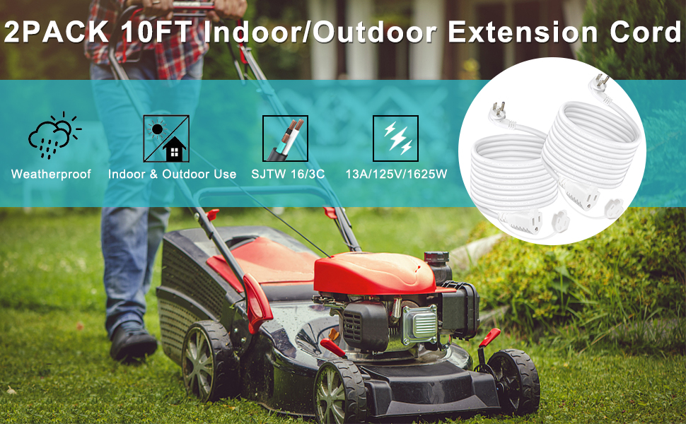 Outdoor Weatherproof Power Extension Cord 10FT White Low Profile Flat