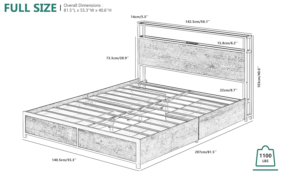 Gitua Full Size Bed Frame with Storage Drawers Led Lights