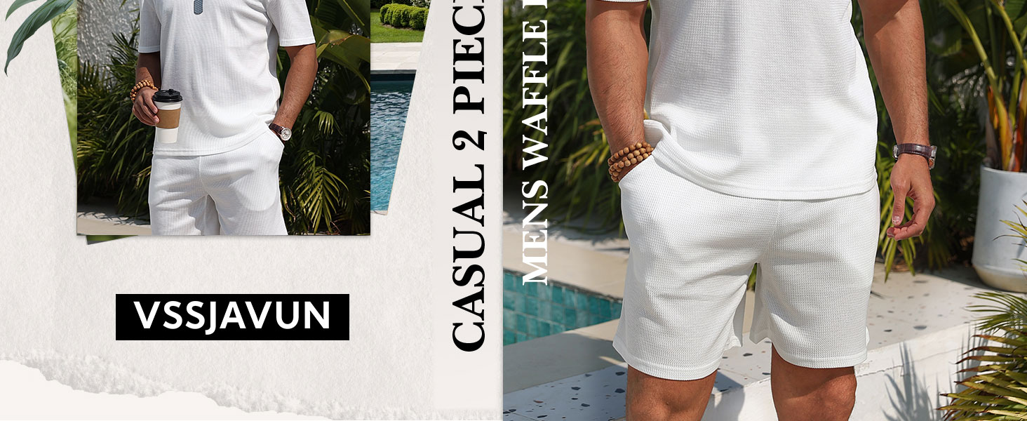 Men's 2 Piece Outfits Short Sleeve Waffle Knit Tracksuit Summer Shirt and Shorts Set