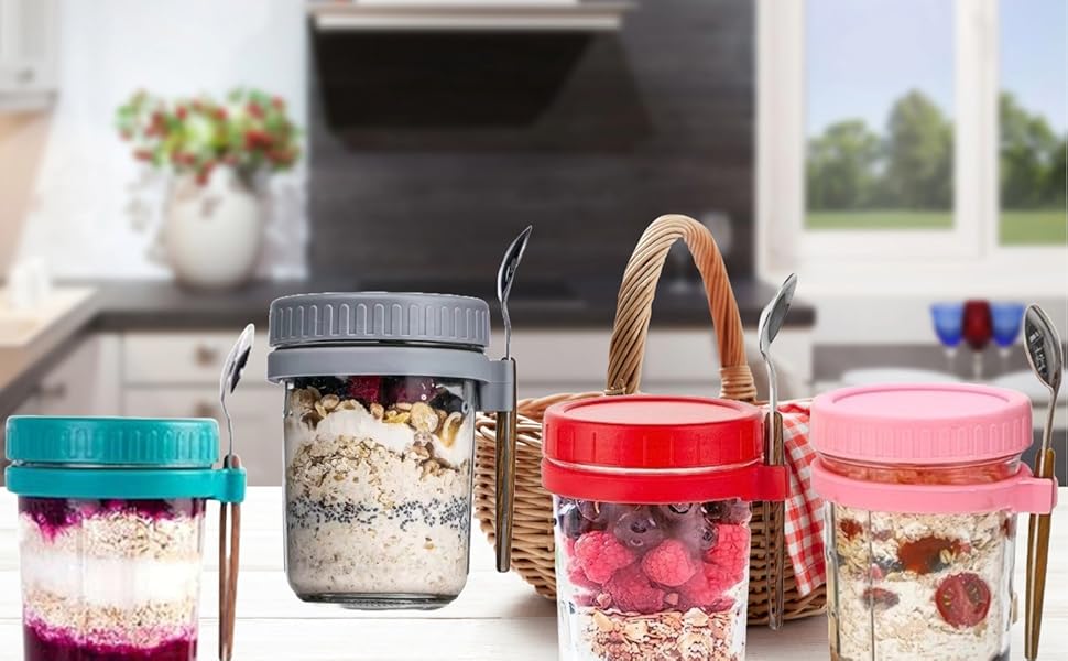 overnight oat jar with lid and spoon