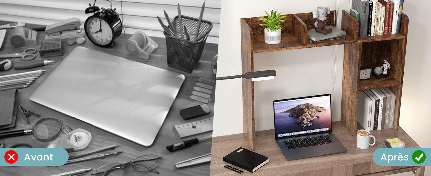 Images avant et après de l'organisation du bureau. La gauche montre un bureau encombré, la droite montre un bureau organisé avec une étagère en bois et un ordinateur portable