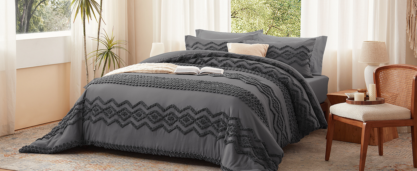 Luxudecor Grey Tufted Comforter Set Queen Size 3 Pieces