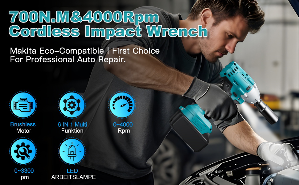 Cordless impact wrench with 700N.M torque and 4000 RPM. Features brushless motor, 6-in-1 function, and work light. Shown in use on car engine.