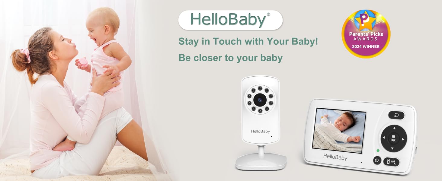 HelloBaby video baby monitor system featuring parent unit with screen display and camera unit for infant monitoring.