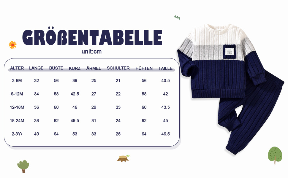 Text reads 'GRÖSSENTABELLE'. Size chart showing measurements in centimeters for different age groups, featuring navy blue children's garment.
