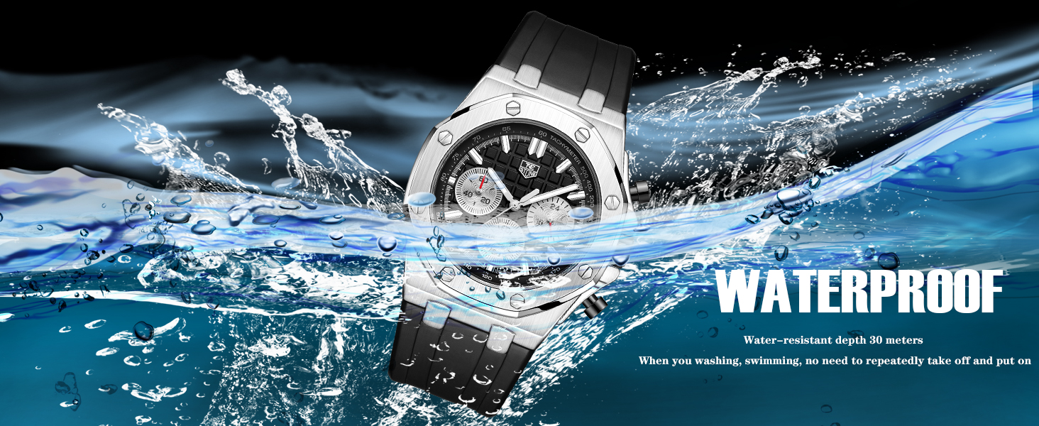 Mens Watch Waterproof Chronograph Sports Watch for Men with Calendar Black Rubber Strap