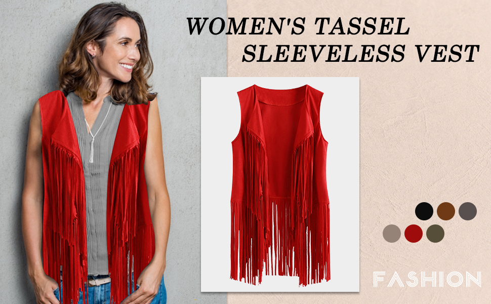 FEOYA Women's Gilet Fringe Vest Tassel Waistcoat Open Front