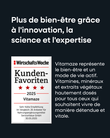 Texte : « Plus de bien-être grâce à l'innovation, la science et l'expertise », « Les favoris des clients ». Le produit semble être du matériel de marketing ou promotionnel avec des textes en français et en allemand.