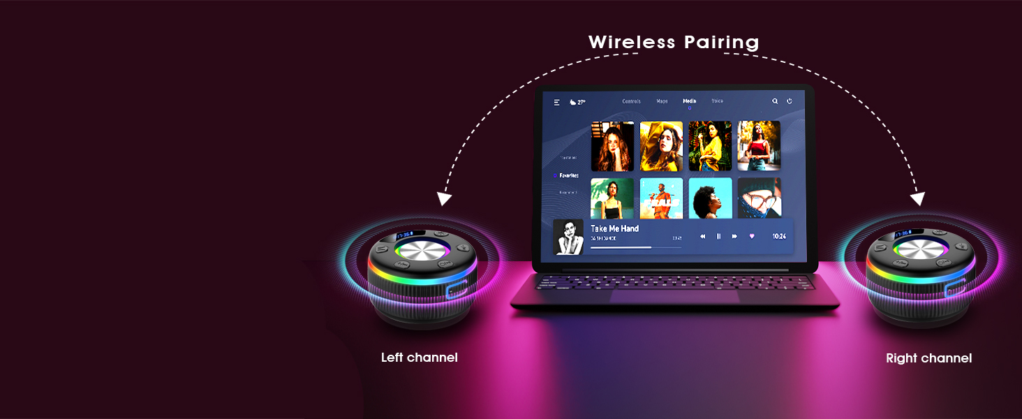 Text reads 'Wireless Pairing'. Dark purple-tinted promotional image showing wireless earbuds with charging case and interface elements.