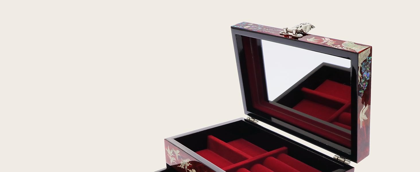 Mirror mother of pearl jewelry box cranes red