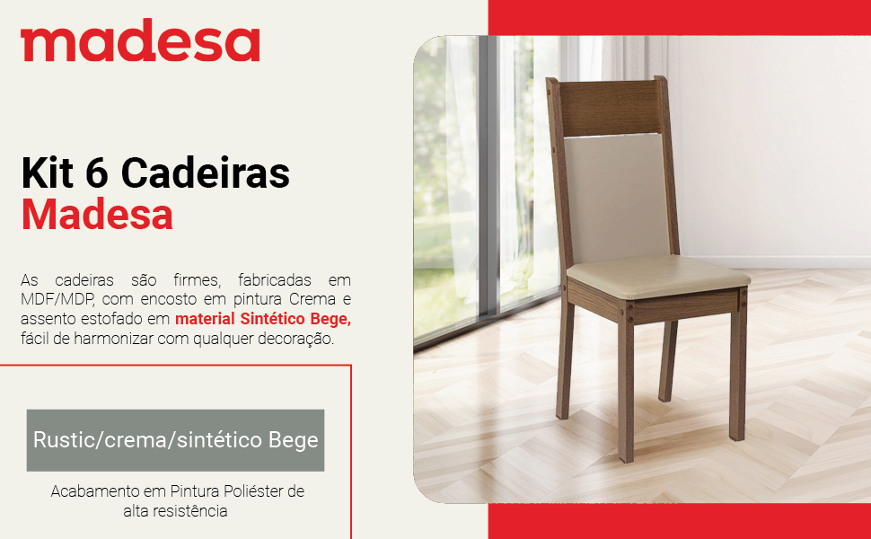  Kit 6 Cadeiras Rustic/crema/sintético Bege Madesa 