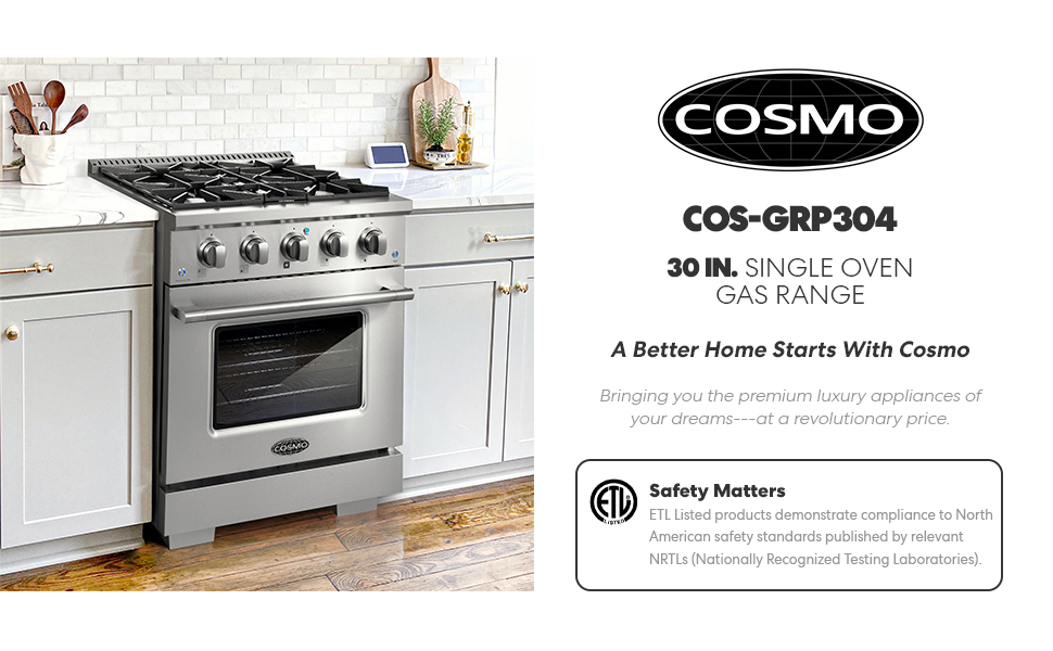 COSMO GRP304 30 in. Freestanding/Slidein Gas Range with 4
