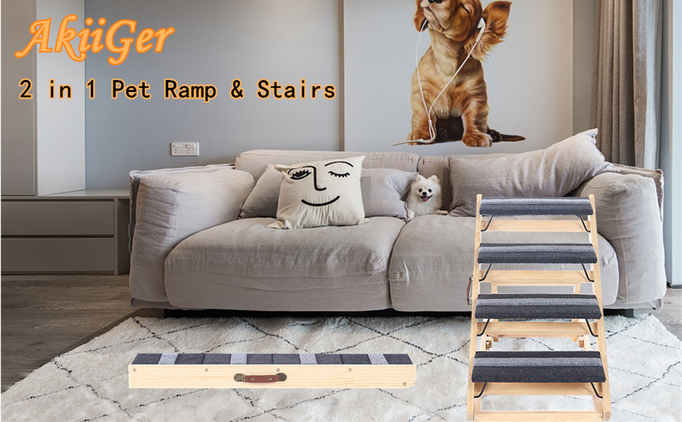 AkiiGer Dog Ramp for Bed, 2in1 Pet Ramp with Stairs, 4
