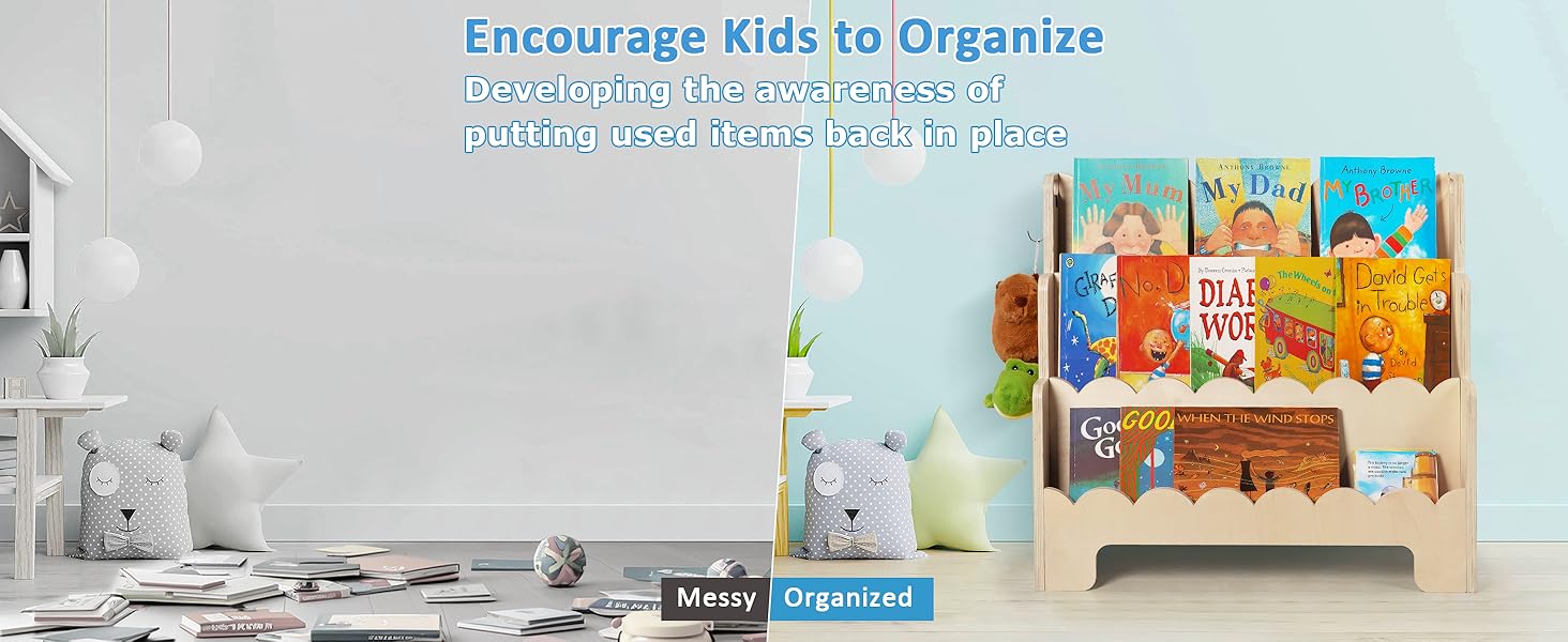 Tohiasen Kids Bookshelf Wooden 3Tier, Scalloped Book Shelf