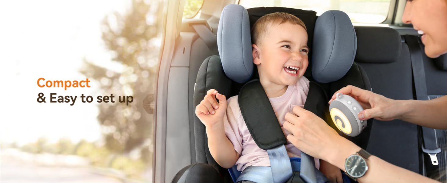 Child-friendly car seat labeled 'Compact & Easy to set up'. Shows a smiling child securely fastened in the seat.