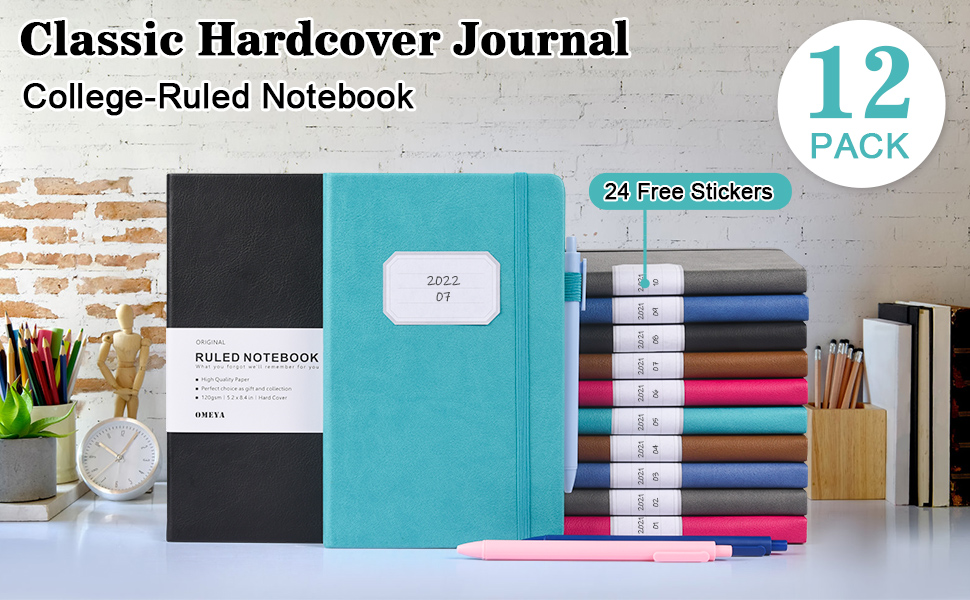 OMEYA 12 pack Journal Notebook, Classic Hardcover Lined