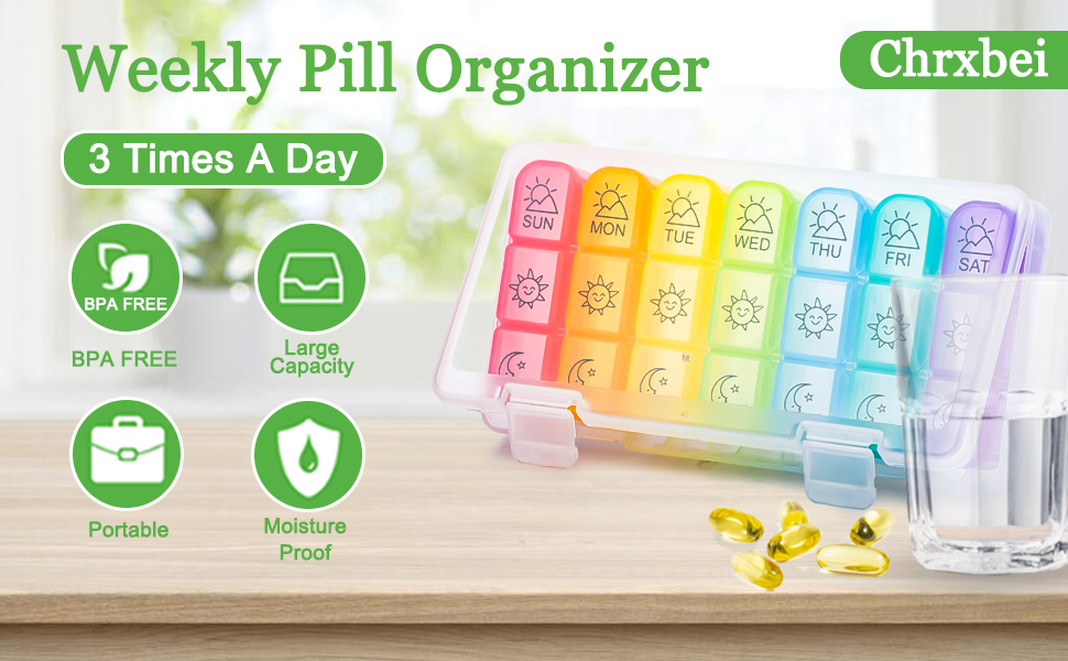 Large 7 Day Pill Organizer Weekly, Chrxbei Daily Medicine Container 3