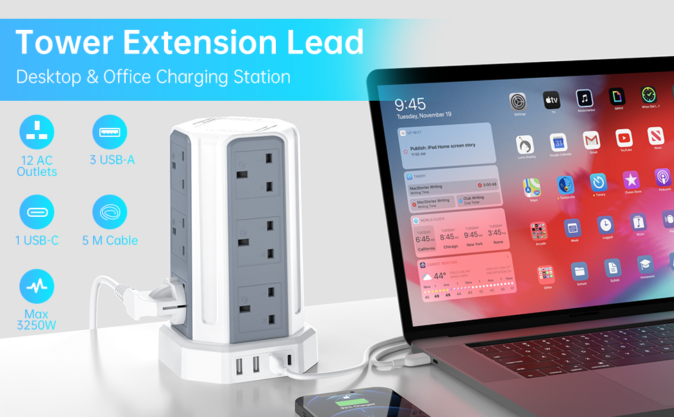 AODENG Tower Extension Lead 5M, 12 Way Outlets Multi Plug Extension