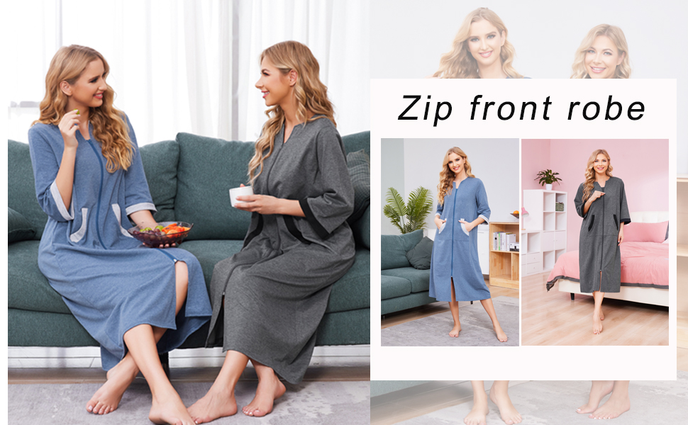 Ekouaer Women Zipper Robe 3/4 Sleeves Loungewear Full Length Sleepwear
