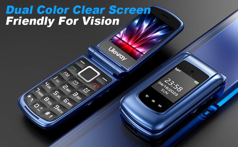 Flip phone with dual displays showing clear screens - main internal screen and external notification display. Device features metallic blue finish and traditional keypad layout.