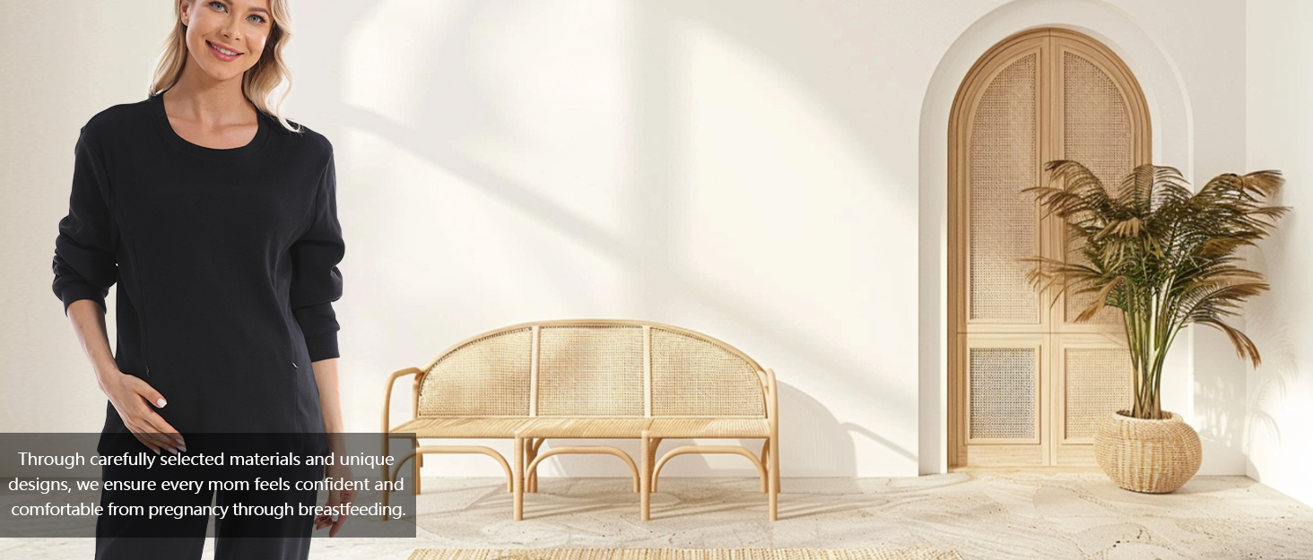 Women's Maternity Sweatshirt Side Open Zipped Nursing Shirts Crew Neck Breastfeeding Pullover Tops