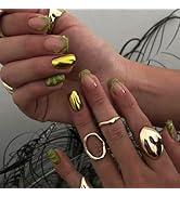 IMRAIN Press on Nails - Short, Square Fake Nails, Green French Tips, Metal Chrome, Glossy, Acryli...