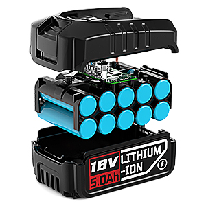 Vue éclatée du bloc-batterie d'un outil électrique. Boîtier noir, cellules cylindriques bleues et étiquette indiquant une capacité de 18 V au lithium-ion 5,0 Ah