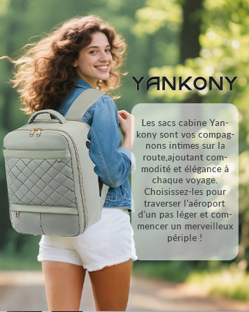 Le texte indique « YANKONY » et le texte français sur les caractéristiques du sac à dos. Sac à dos matelassé gris exposé en extérieur.