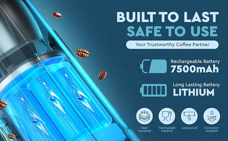Cafetera eléctrica portátil con una batería de litio de larga duración y segura de usar