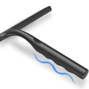 Nahaufnahme eines schwarzen Fahrradlenkers mit einer blauen Wellenliniengrafik entlang des Unterrohrs, die auf ein ergonomisches Design oder einen ergonomischen Griffbereich hindeutet