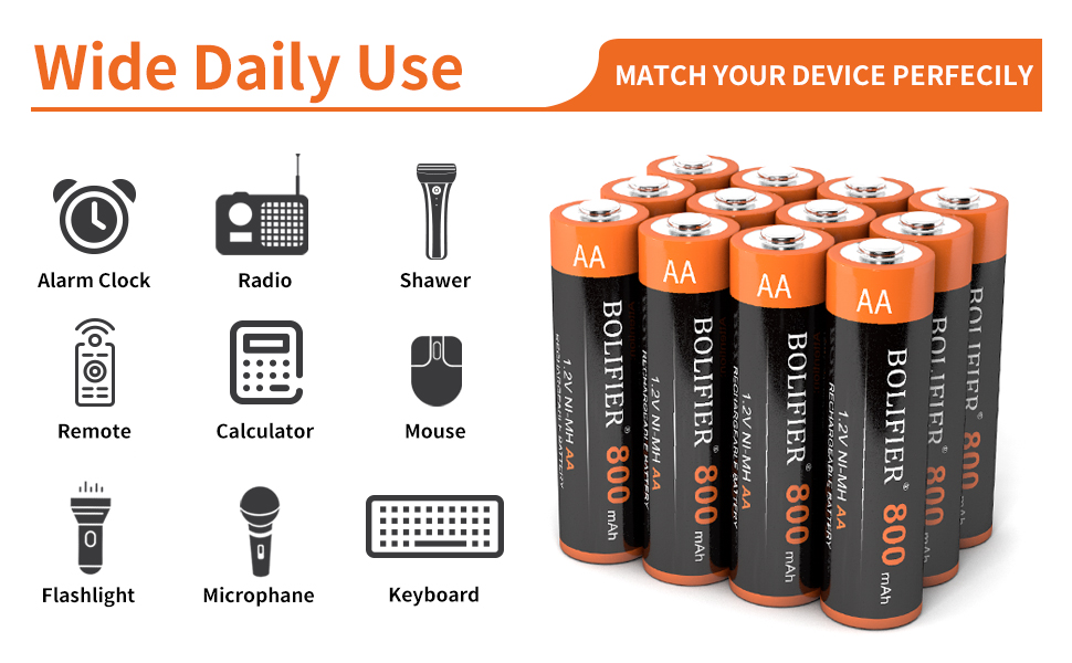 BOLIFIER AA Rechargeable Batteries, 800mah NiMH AA Battery PreCharged