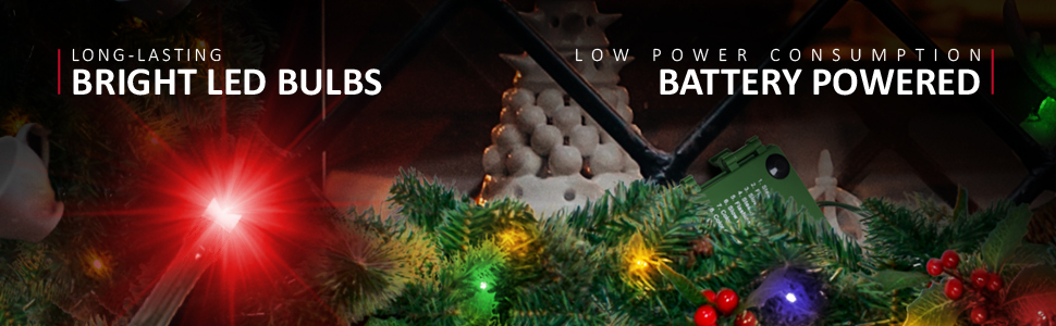 Text reads 'BRIGHT LED BULBS' and 'BATTERY POWERED'. Colorful LED string lights glowing in red, green, and blue against dark background.