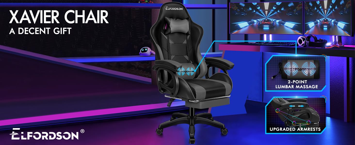 ELFORDSON Gaming Chair Lumbar Massage With Footrest, Grey & Black 10 1-1
