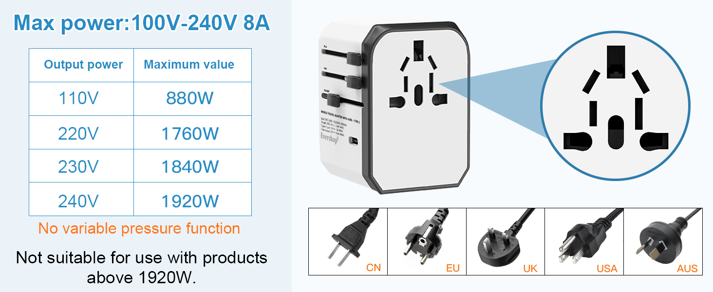 Universal Travel Adapter, European Plug Adapter Travel Adaptor with 4