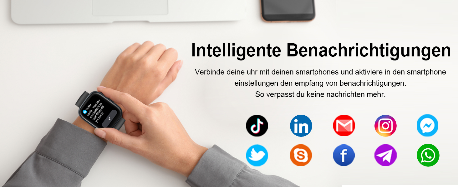 Smartwatch am Handgelenk mit Benachrichtigungen. Smartphone- und Social-Media-Symbole in der Nähe. Deutscher Text über intelligente Benachrichtigungen und Smartphone-Integration.