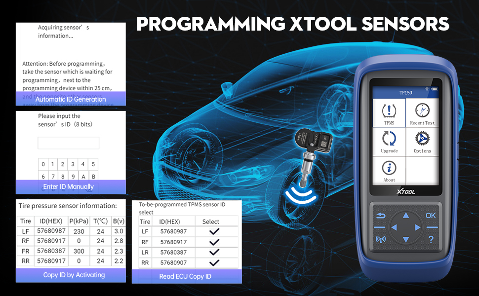 XTOOL TP150 TPMS Relearn Tool with ￡45 315/433Mhz Sensors(1 Pair), TPMS