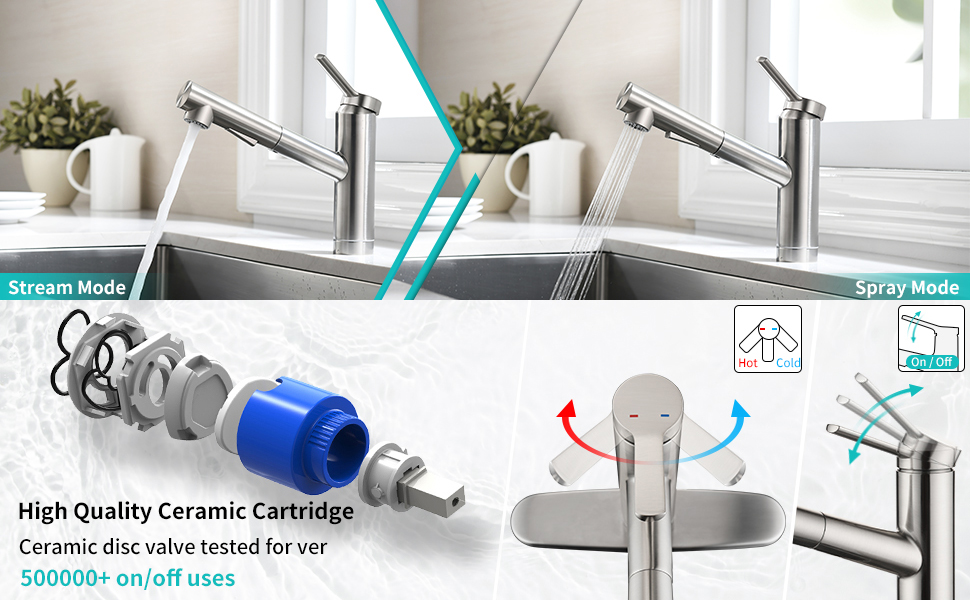 CREA Bar Sink Faucet , Kitchen Faucets with Pull Out Sprayer Brushed