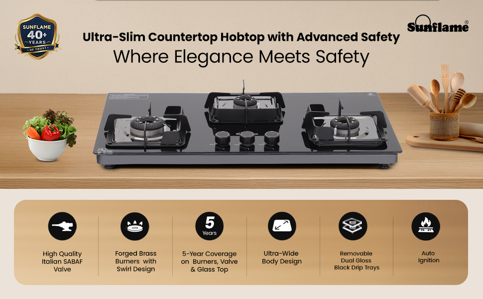 Sunflame 3 Burner Ultra-Slim Hob (80 cm) | Italian SABAF Valve, Forged Brass, 5-Year Warranty