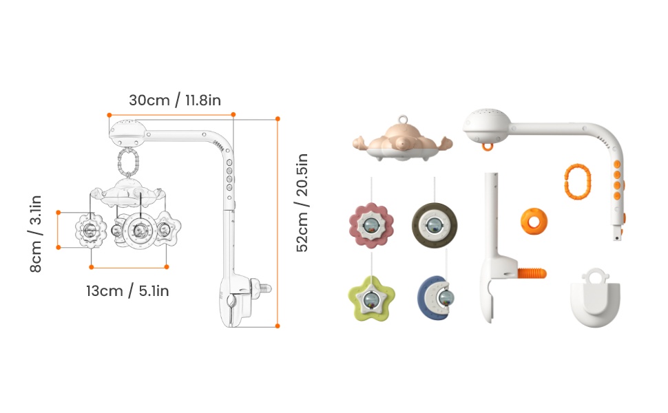 TUMAMA Baby Crib Mobile, Crib Toys with Projection Night Light, Music and White