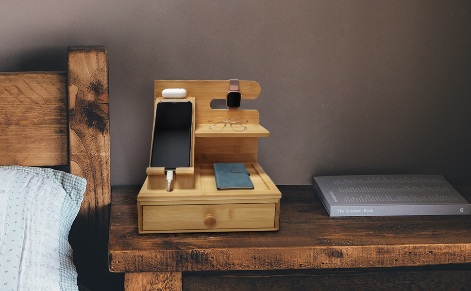 Bamboo Desktop Phone Docking Station with Drawer, Home & Office Wallet ...