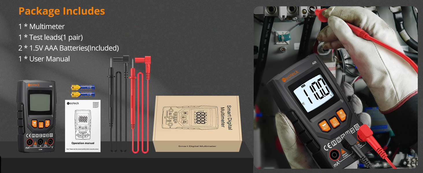 Digital multimeter testing kit with LCD display, test leads, user manual, and protective case shown in product contents layout and demonstration use.