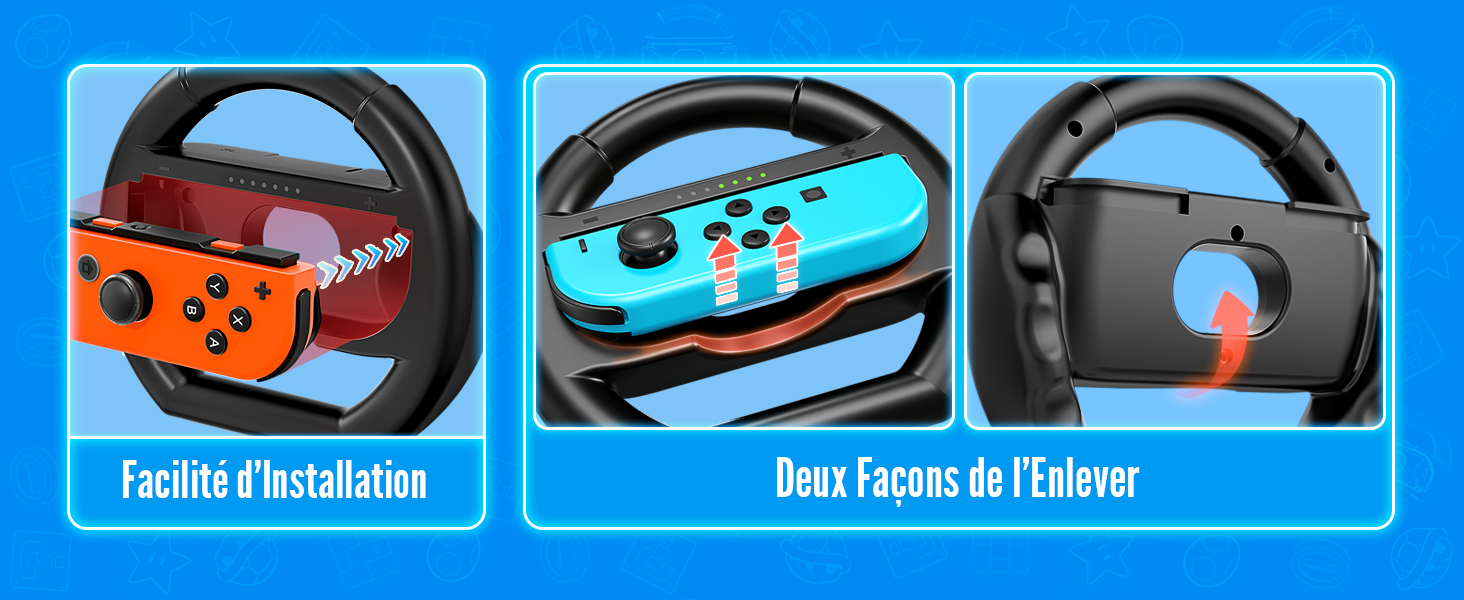Trois accessoires de volant de jeu pour manettes Joy-C-- Nintendo Switch, offrant des options d'installation et de retrait faciles. Dispose de motifs orange, bleu et noir avec boutons.