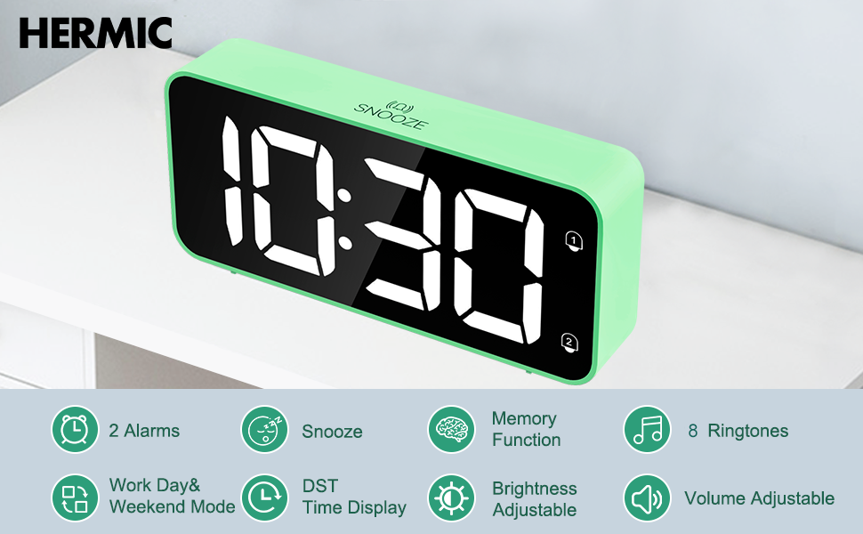 HERMIC Digital Alarm Clock Bedside Mains Powered Large Digital Led