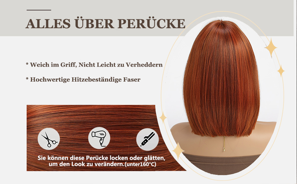 Esmee Kurze Gerade Auburn Bob Perücken mit Fransen