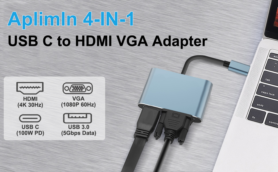 . Appareil bleu avec plusieurs ports connectés à un ordinateur portable. Supporte les formats HDMI 4K, VGA 1080P, USB C 100 W, DP et USB 3.0