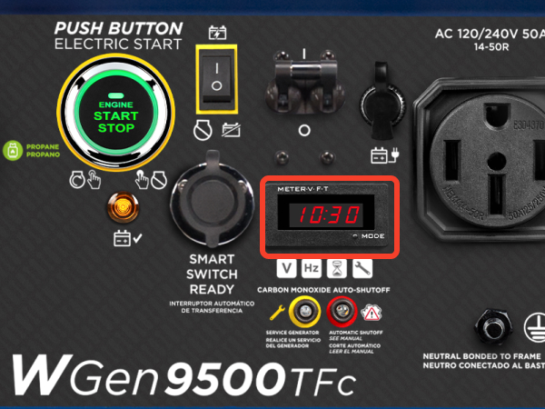 Closeup of the data center on the WGen9500TFc tri-fuel portable generator.