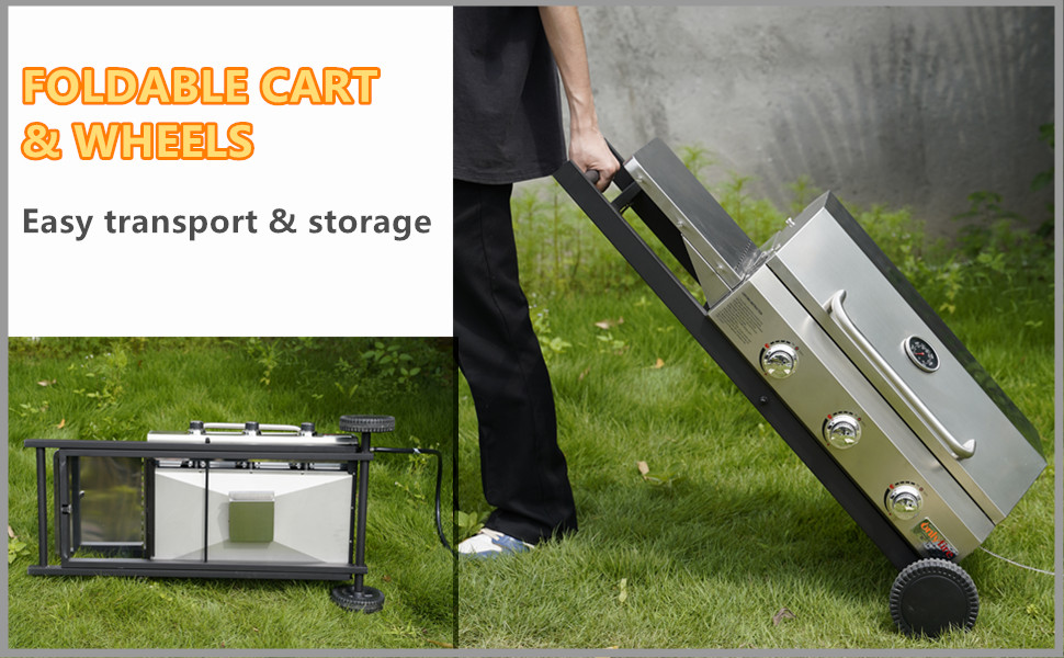 Onlyfire BBQ Gas Grill Griddle 3 Burners with Side Table & Foldable Cart, Stainless Steel Flat