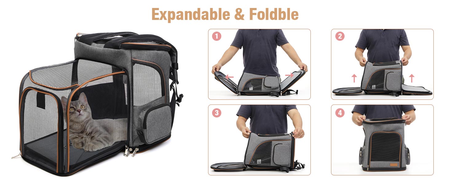 Lekesky Expandable Cat Carrier Backpack - Portable Breathable Rucksack for Medium and Small Cats & Dogs, Foldable with Inner Escape-proof Leash and Pet Mat, Supports 15 lbs (Grey) 6 expandble cat backpack