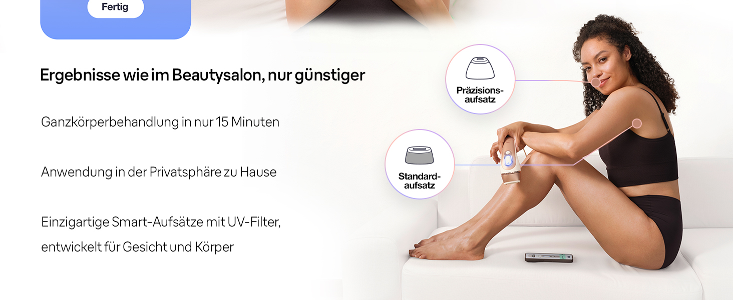 Junge Frau präsentiert ihre seidig-glatte Haut nach 15 Min. 2 Aufsätze: Standard, Präzision