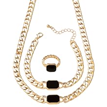 Gold Jewelry Set for Women - Necklace, Bracelet &amp;amp;amp;amp; Ring - Black Rectangle Pendant